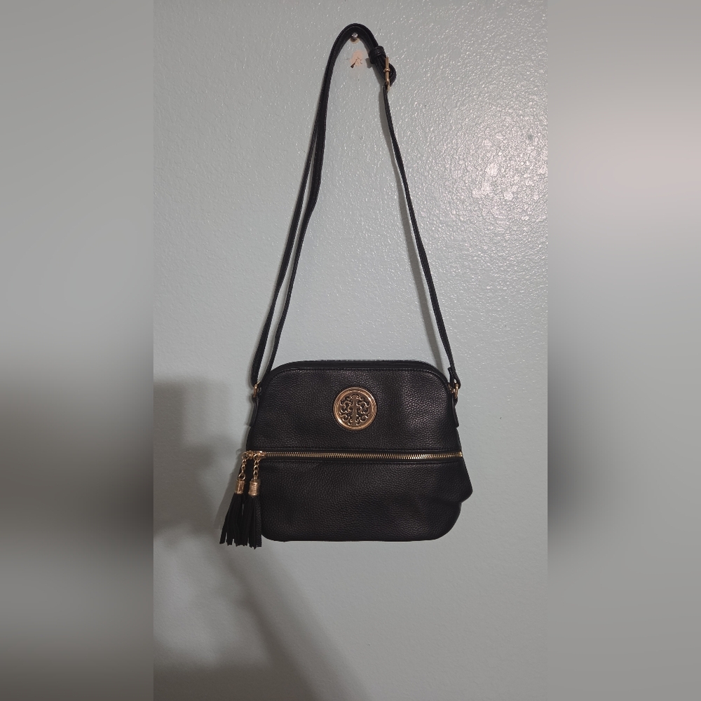 Rebecca & Rifka Black Faux Leather Crossbody Bag with Gold Accents - Picture 2 of 8